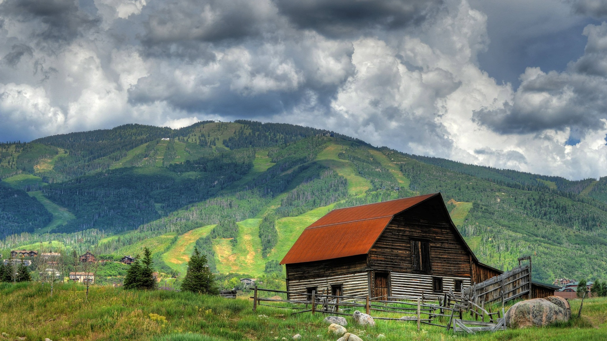 Historic barn beneath the Steamboat ski mountain in summer