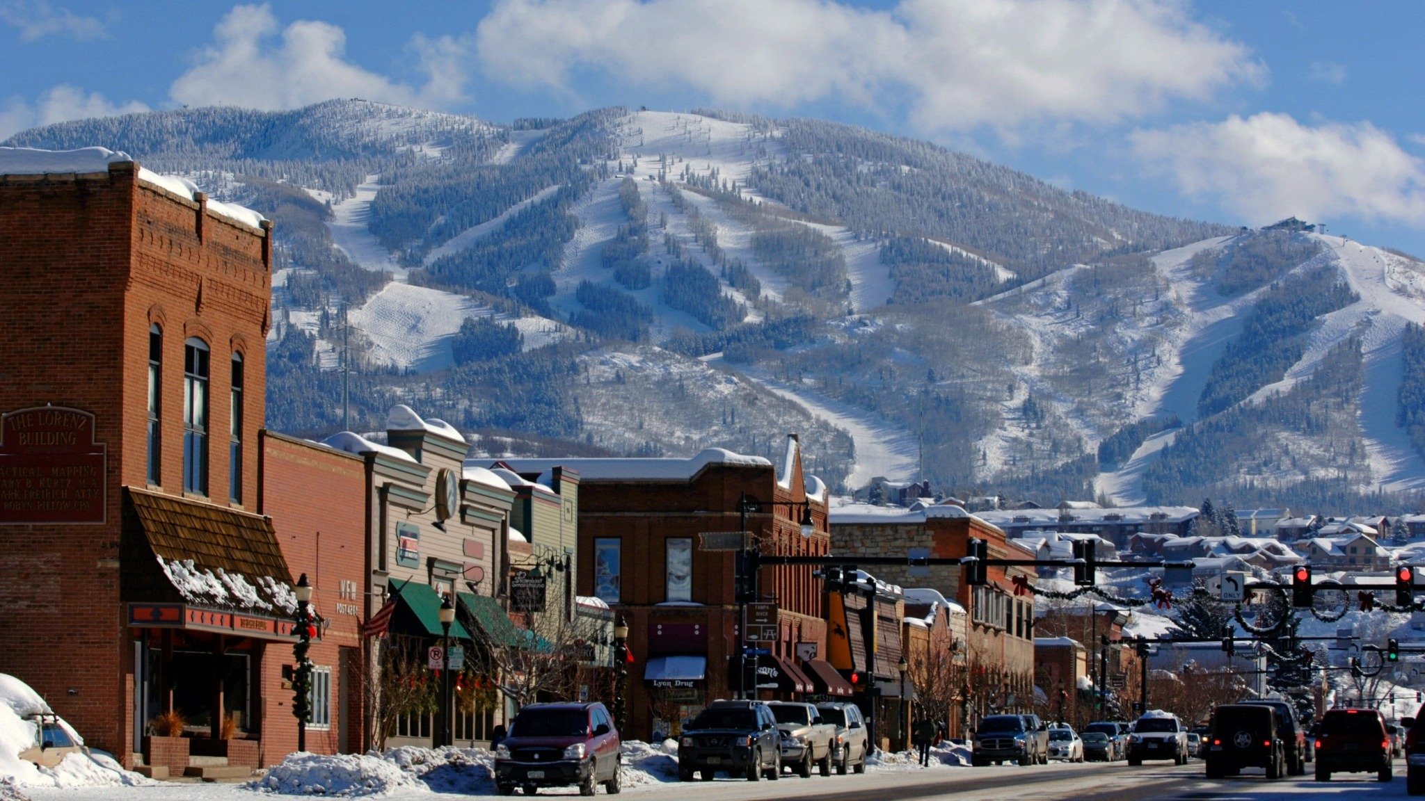 Downtown Steamboat Springs and the ski mountain in winter